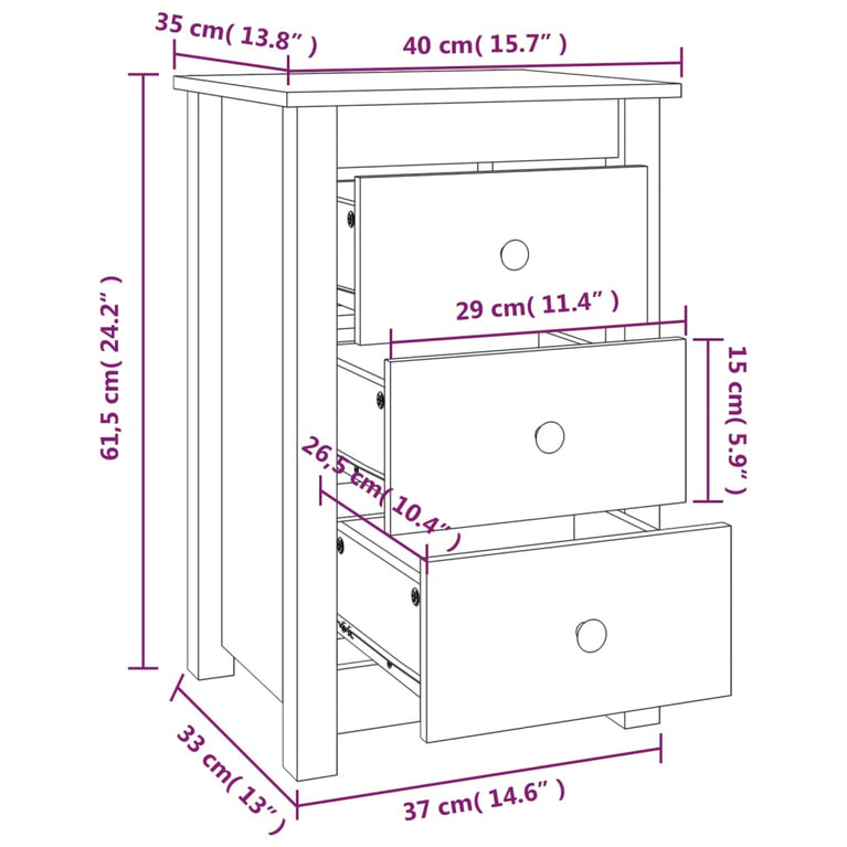 Nachtkastjes 2 st 40x35x61,5 cm massief grenenhout zwart MeubelReus