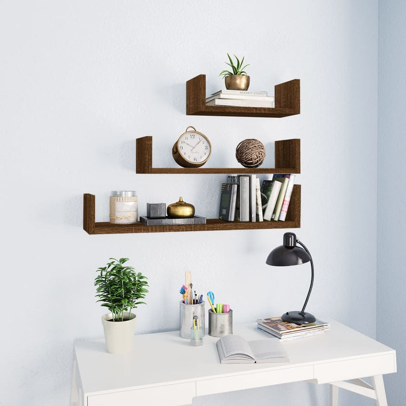 Wandschappen 3 st bewerkt hout bruineikenkleurig MeubelReus