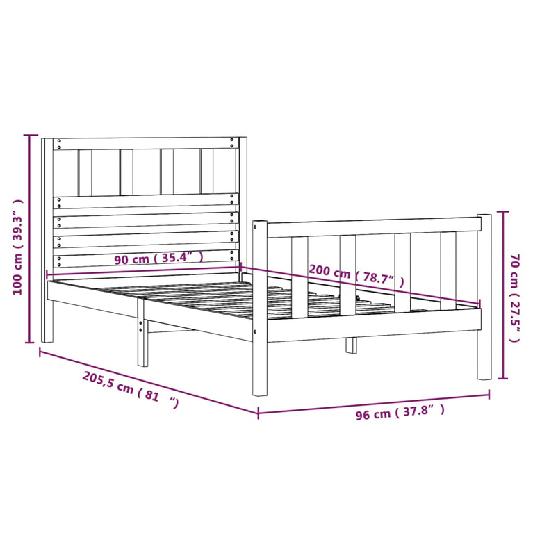 Bedframe massief hout 90x200 cm