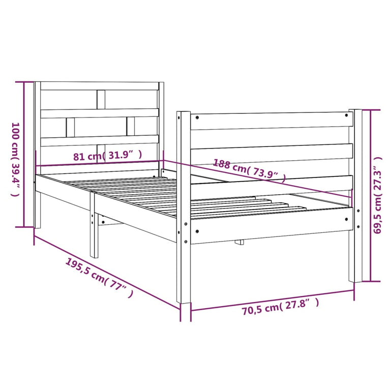 Bedframe massief hout wit 75x190 cm 2FT6 Small Single