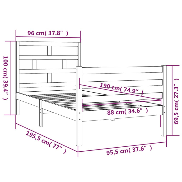 Bedframe massief hout 90x190 cm 3FT single