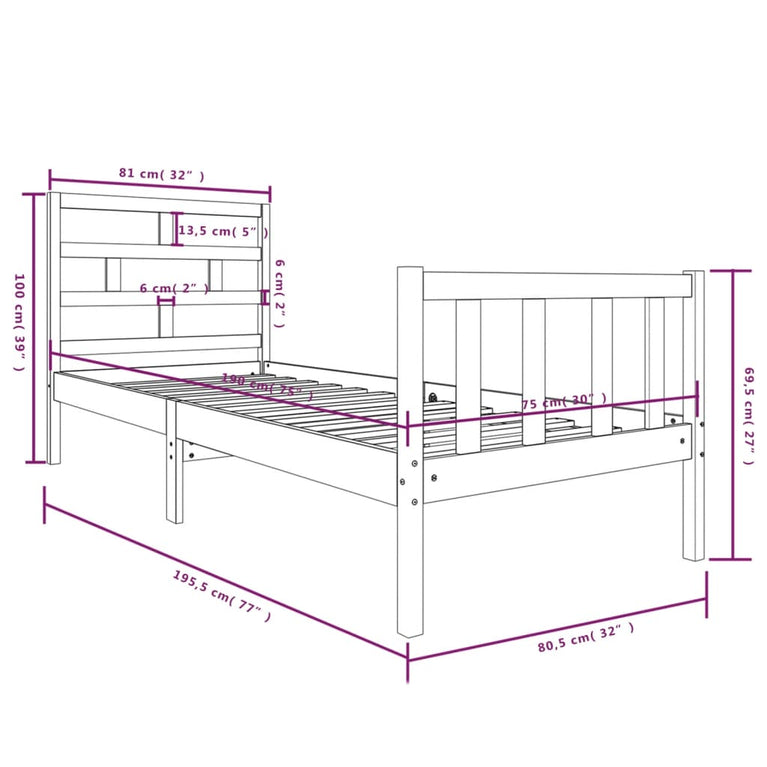 Bedframe massief grenenhout wit 75x190 cm 2FT6 small single