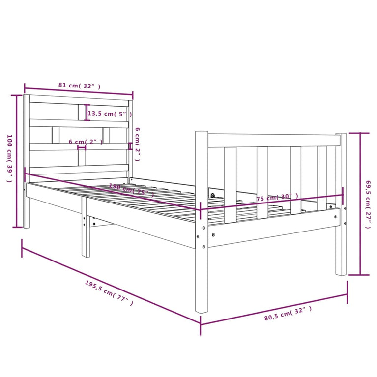 Bedframe massief grenenhout zwart 75x190 cm 2FT6 small single