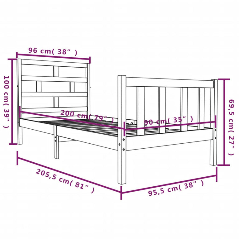 Bedframe massief grenenhout wit 90x200 cm