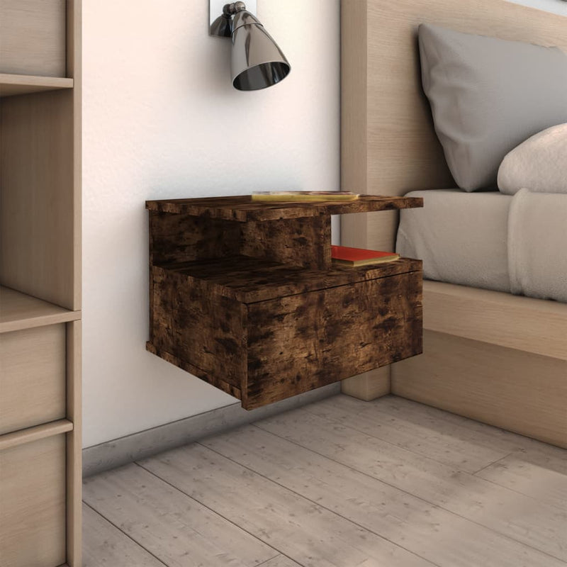 Nachtkastje zwevend 40x31x27 cm bewerkt hout gerookt eikenkleur MeubelReus