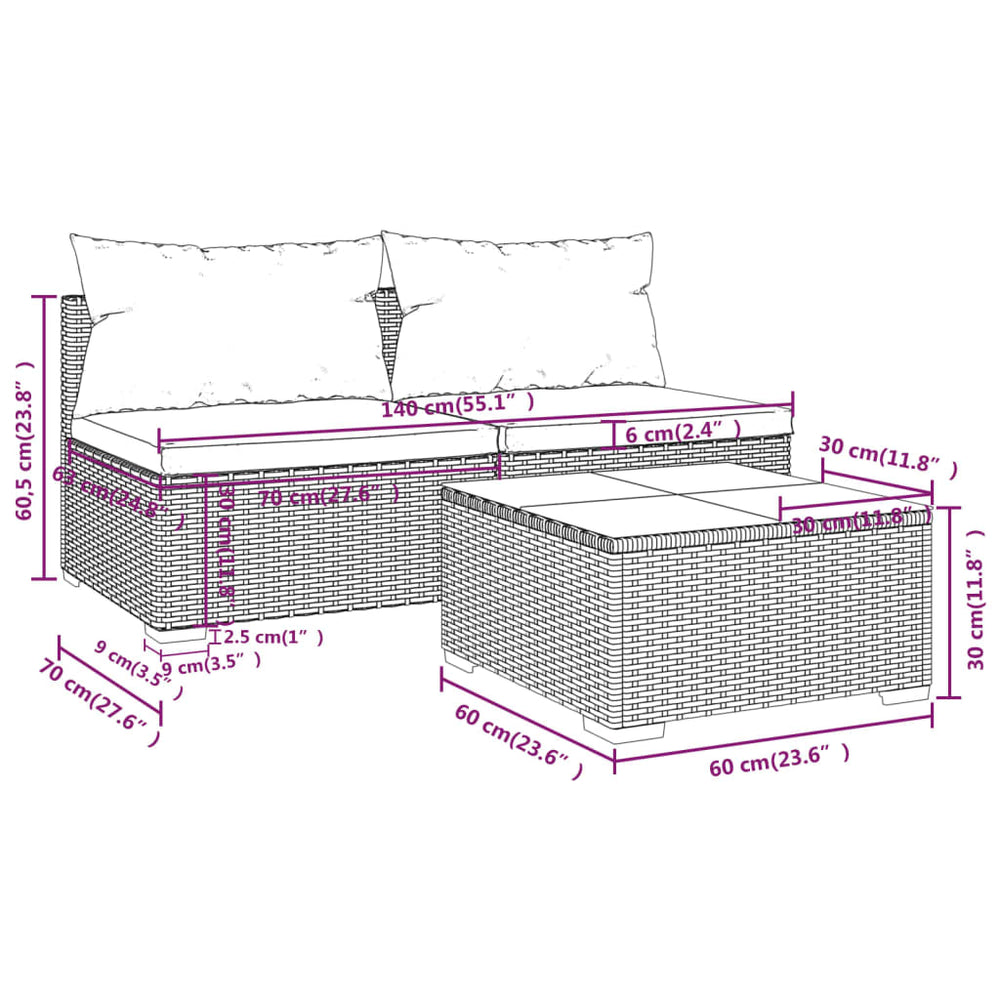 3-delige Loungeset met kussens poly rattan zwart MeubelReus