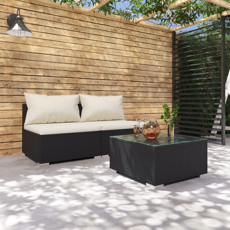 3-delige Loungeset met kussens poly rattan zwart MeubelReus