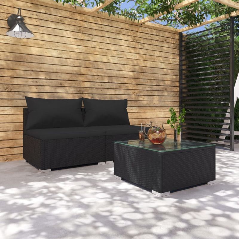 3-delige Loungeset met kussens poly rattan zwart MeubelReus
