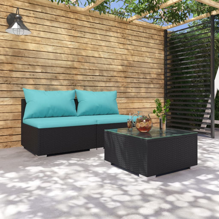 3-delige Loungeset met kussens poly rattan zwart MeubelReus