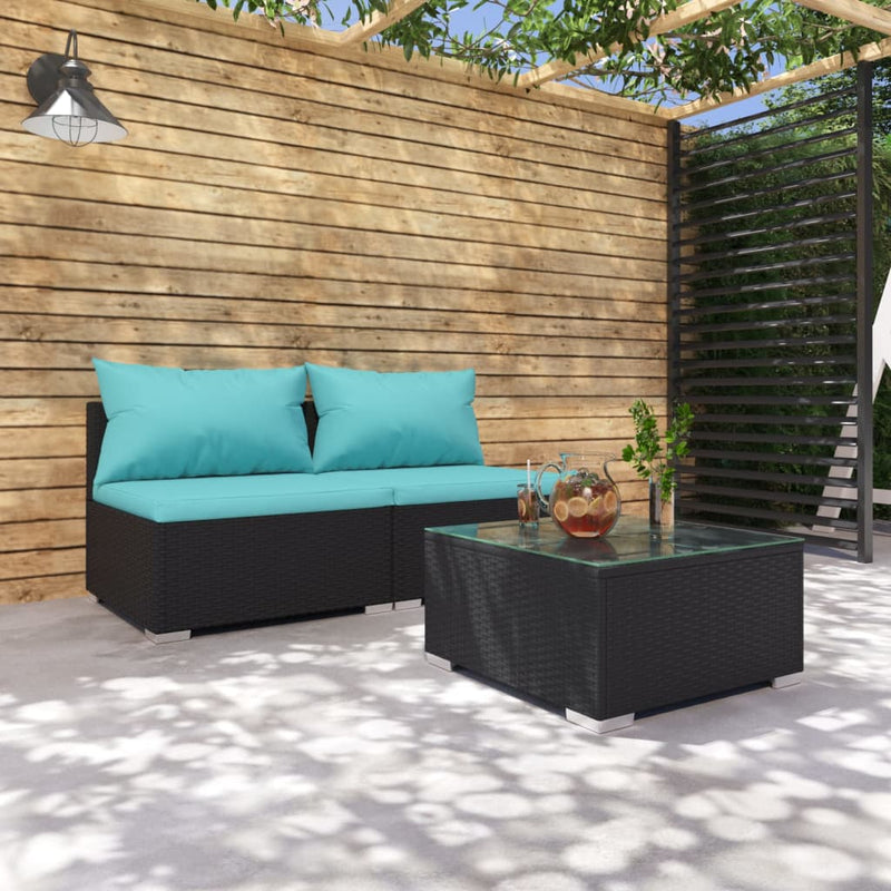 3-delige Loungeset met kussens poly rattan zwart MeubelReus
