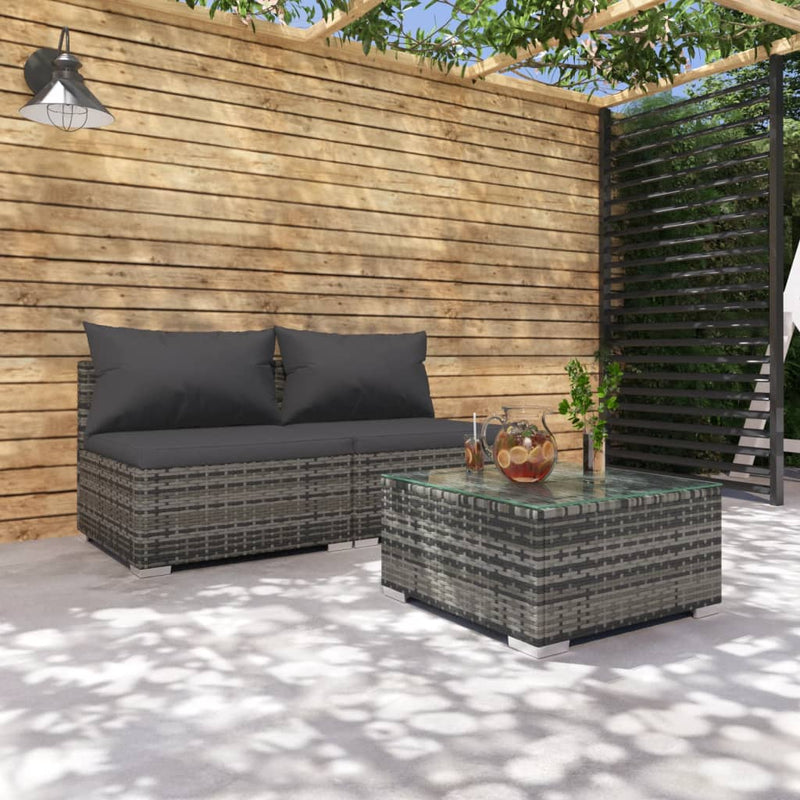 3-delige Loungeset met kussens poly rattan grijs MeubelReus