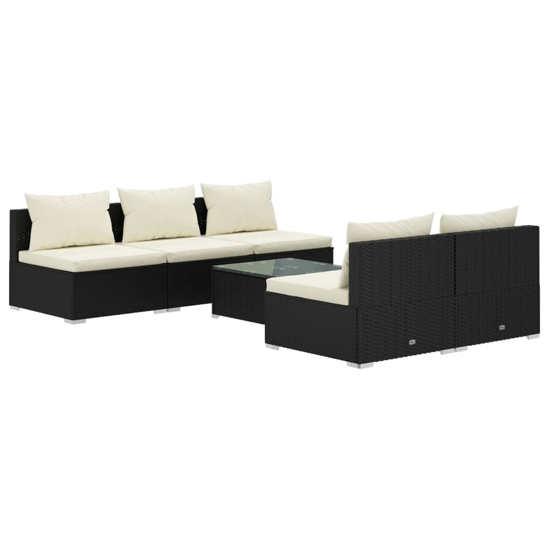 6-delige Loungeset met kussens poly rattan zwart