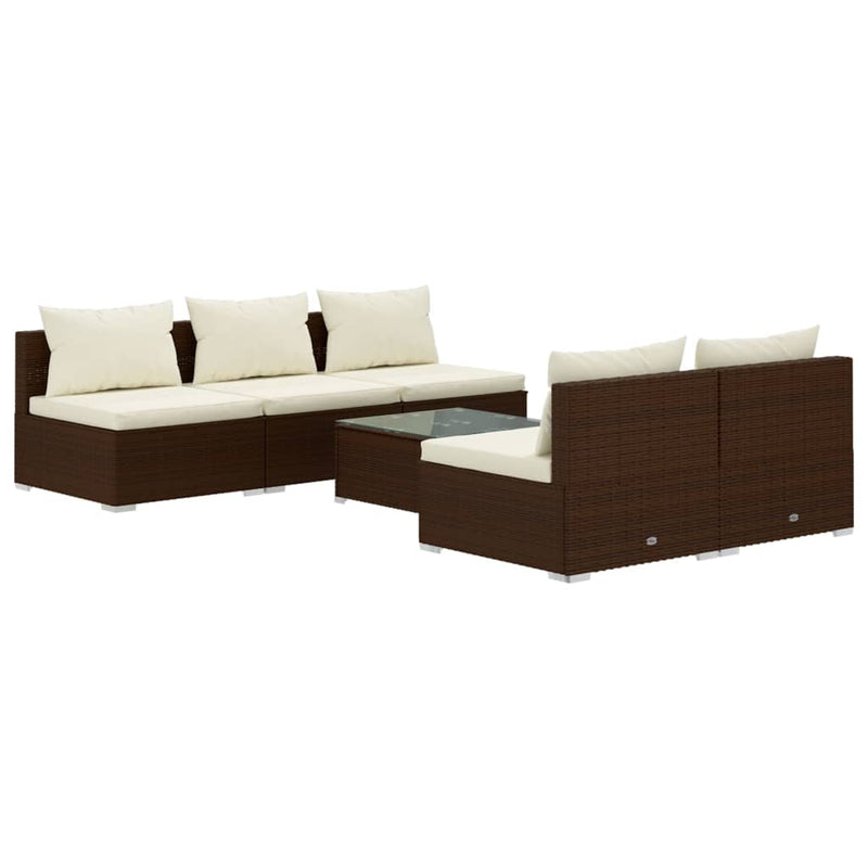 6-delige Loungeset met kussens poly rattan bruin
