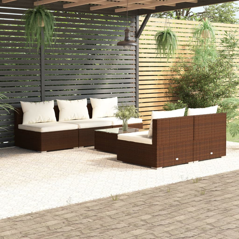 6-delige Loungeset met kussens poly rattan bruin