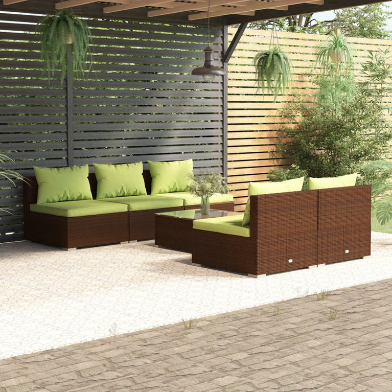 6-delige Loungeset met kussens poly rattan bruin