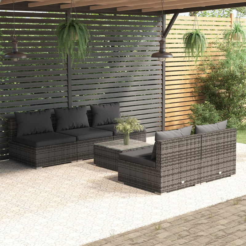 6-delige Loungeset met kussens poly rattan grijs