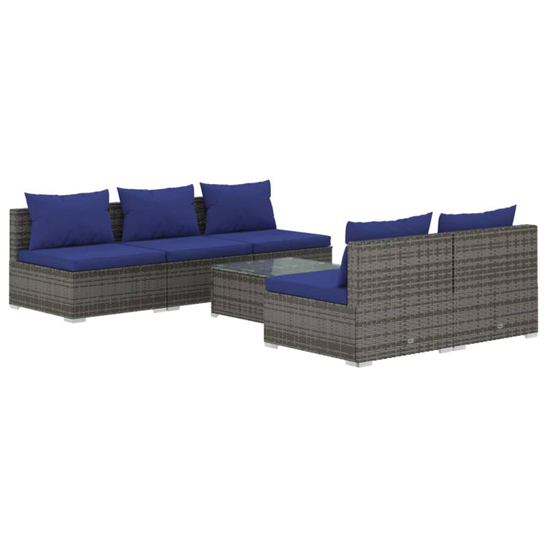6-delige Loungeset met kussens poly rattan grijs