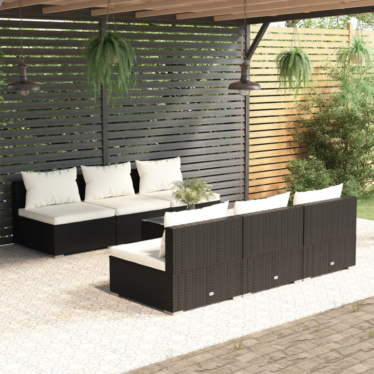 7-delige Loungeset met kussens poly rattan zwart