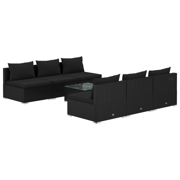 7-delige Loungeset met kussens poly rattan zwart
