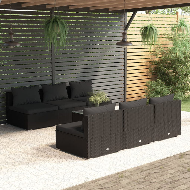 7-delige Loungeset met kussens poly rattan zwart
