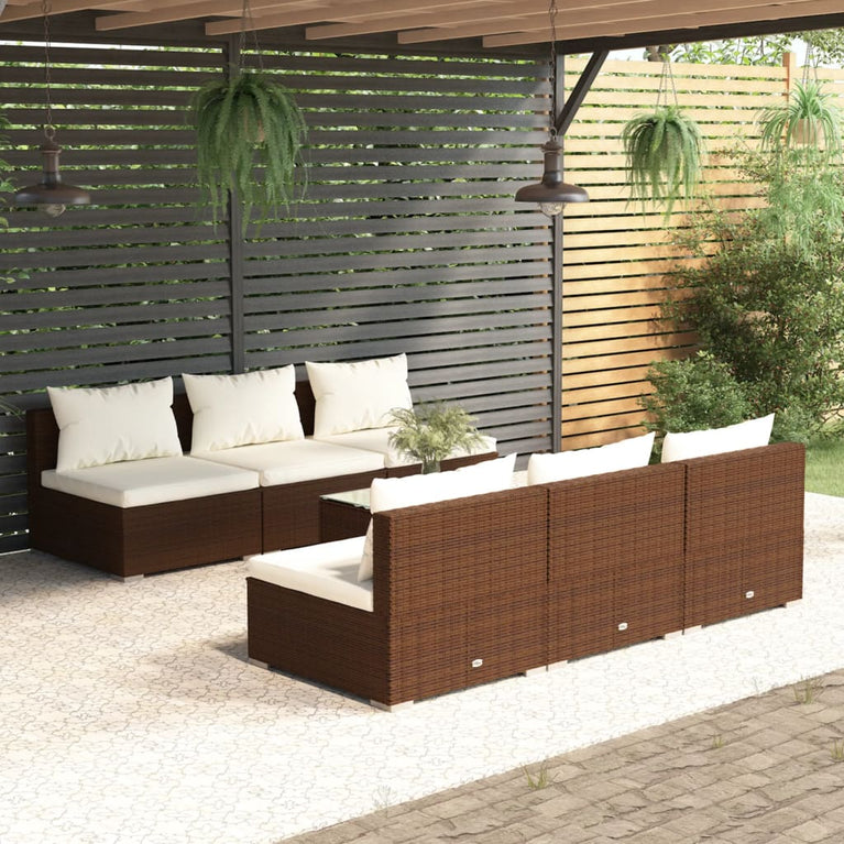 7-delige Loungeset met kussens poly rattan bruin