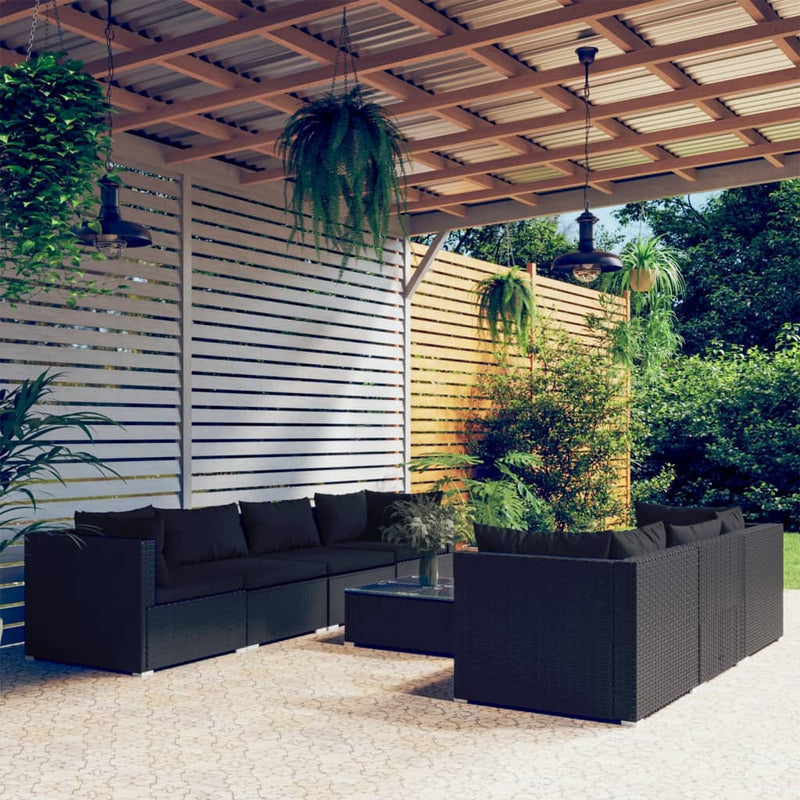 8-delige Loungeset met kussens poly rattan zwart