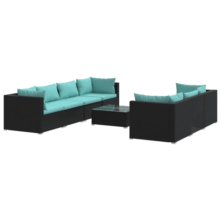 8-delige Loungeset met kussens poly rattan zwart