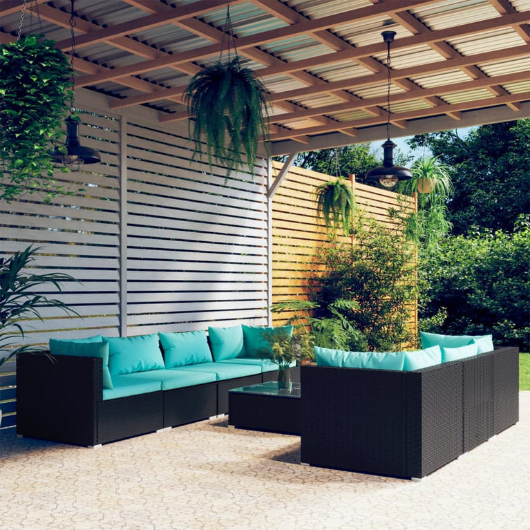 8-delige Loungeset met kussens poly rattan zwart