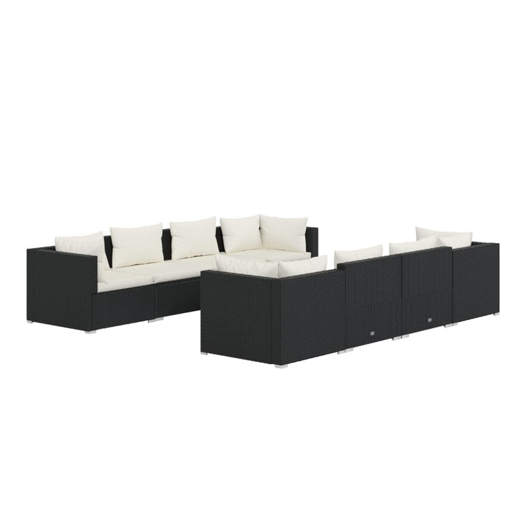 9-delige Loungeset met kussens poly rattan zwart