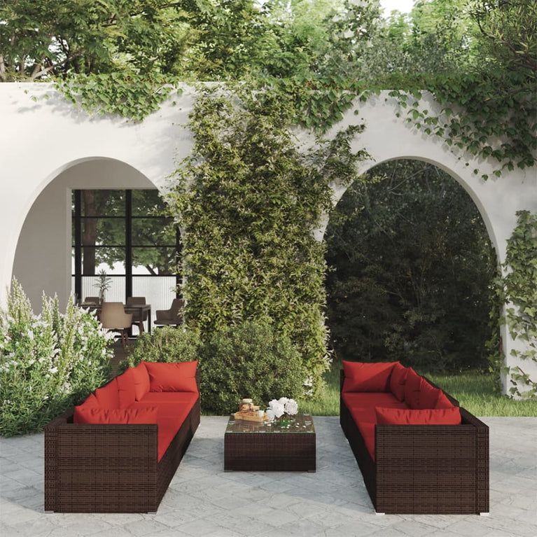 9-delige Loungeset met kussens poly rattan bruin