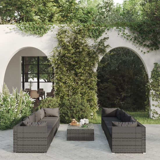 9-delige Loungeset met kussens poly rattan grijs MeubelReus