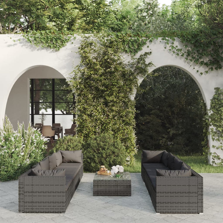 9-delige Loungeset met kussens poly rattan grijs MeubelReus