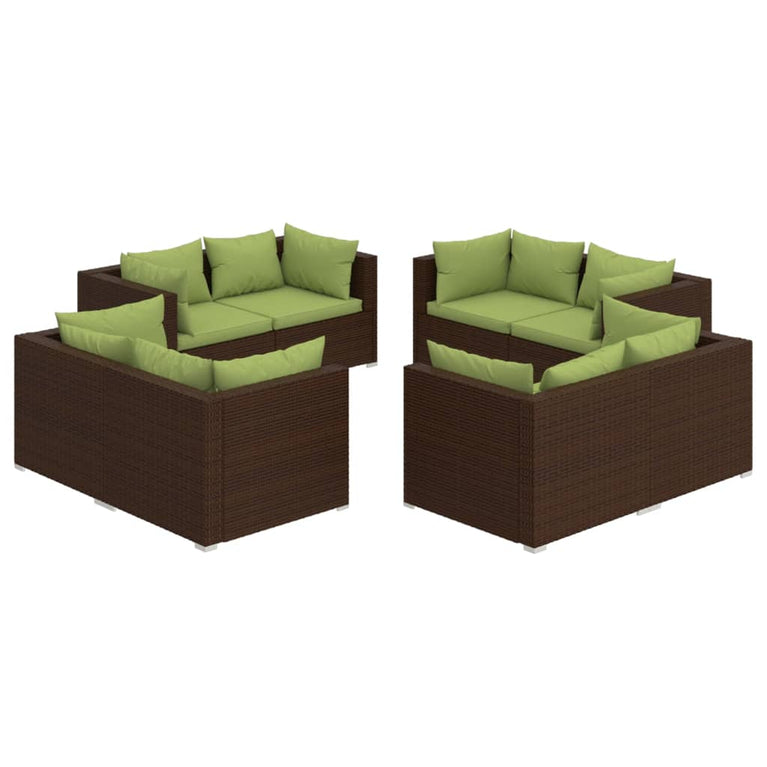8-delige Loungeset met kussens poly rattan bruin 