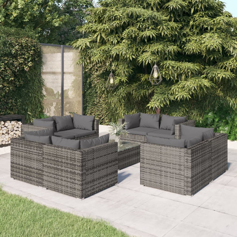 9-delige Loungeset met kussens poly rattan grijs MeubelReus