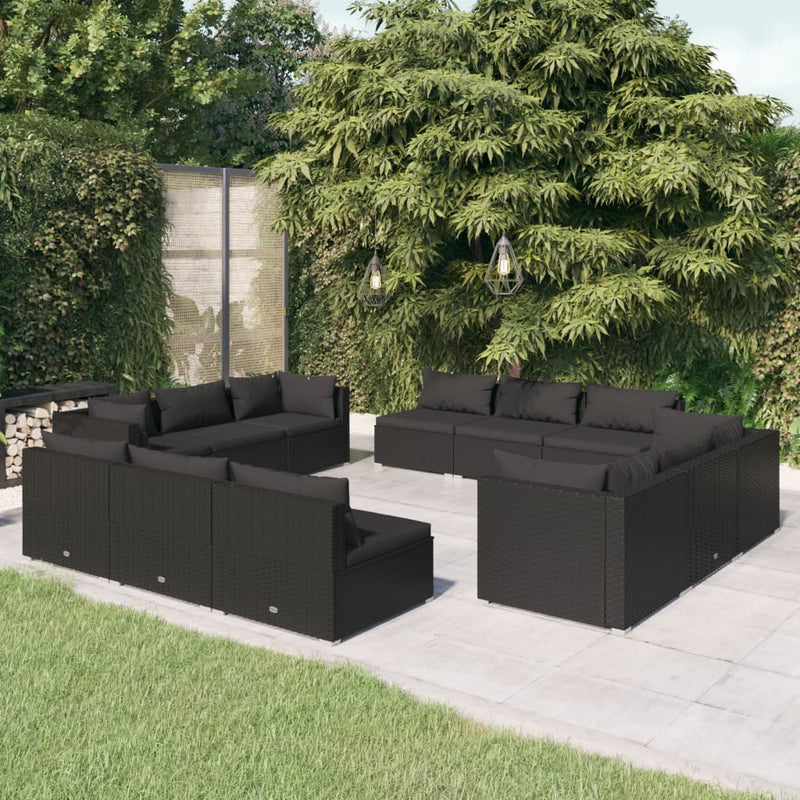 12-delige Loungeset met kussens poly rattan zwart MeubelReus