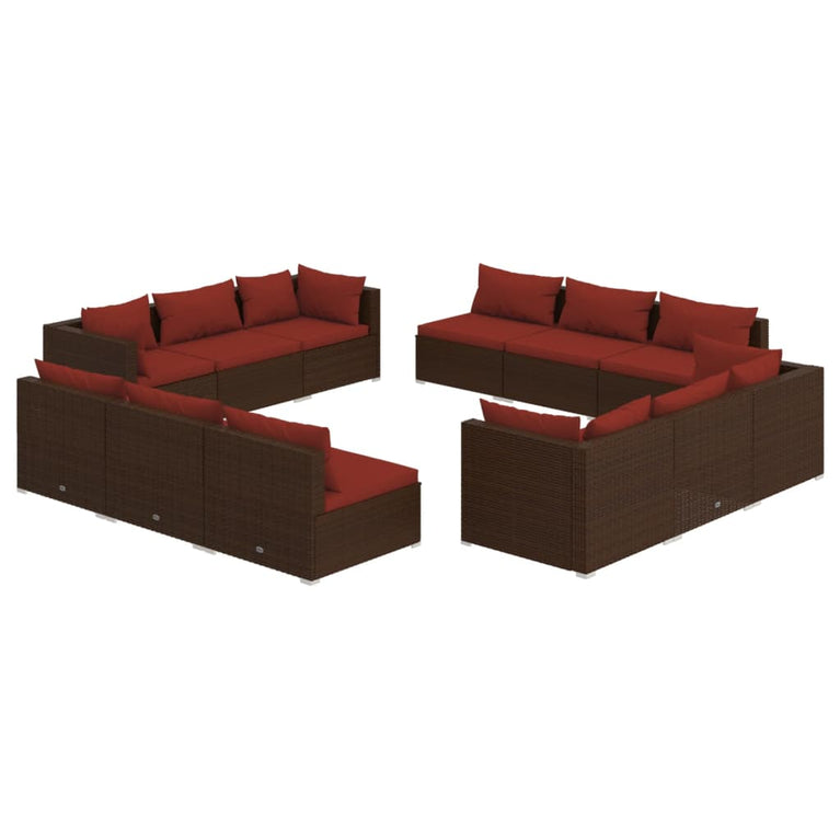 12-delige Loungeset met kussens poly rattan bruin