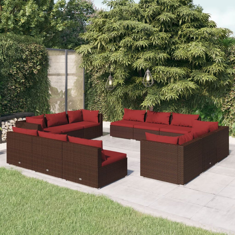 12-delige Loungeset met kussens poly rattan bruin