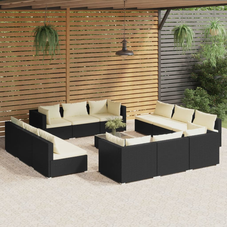 13-delige Loungeset met kussens poly rattan zwart
