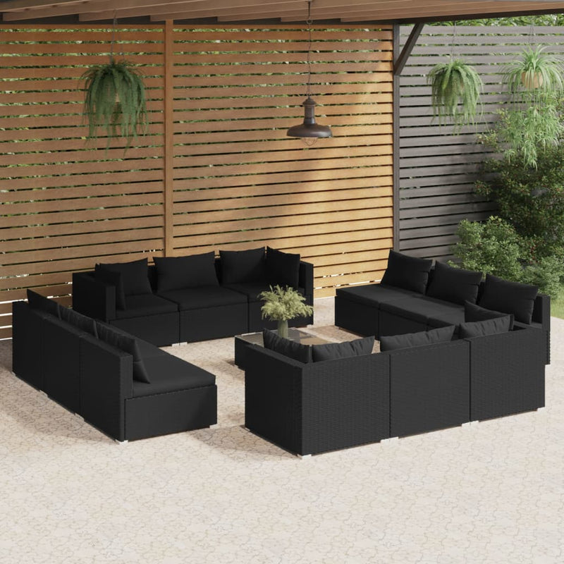13-delige Loungeset met kussens poly rattan zwart