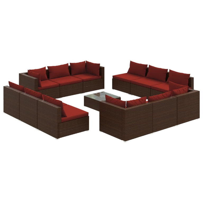 13-delige Loungeset met kussens poly rattan bruin