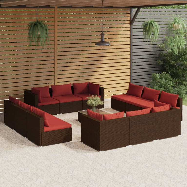 13-delige Loungeset met kussens poly rattan bruin