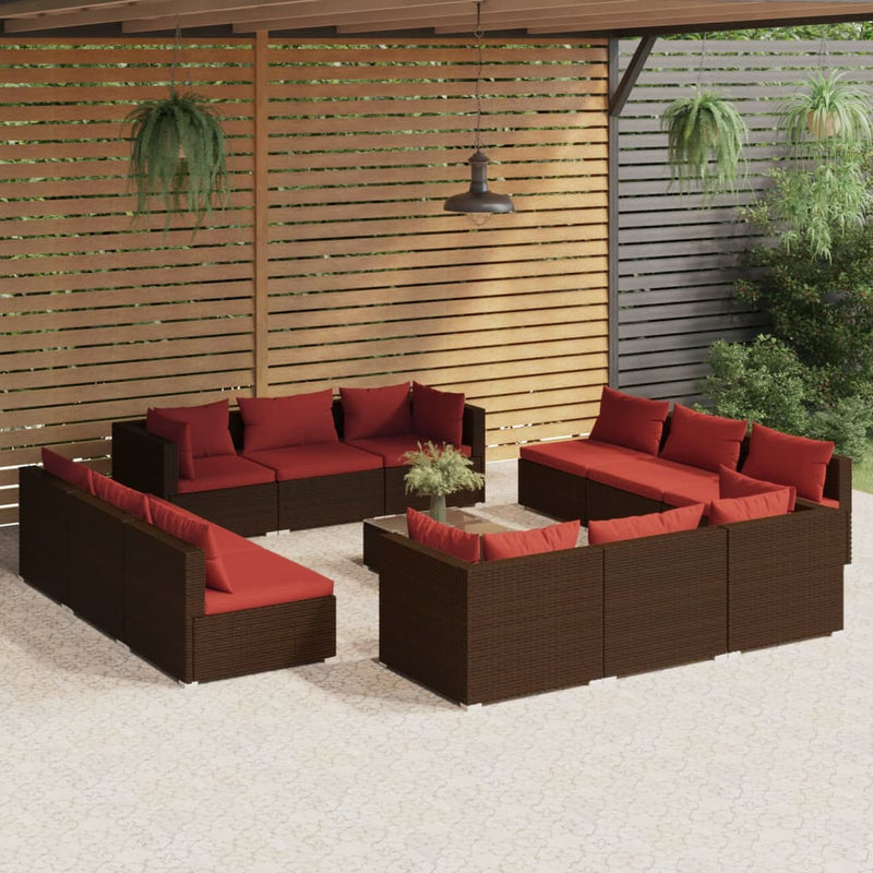 13-delige Loungeset met kussens poly rattan bruin