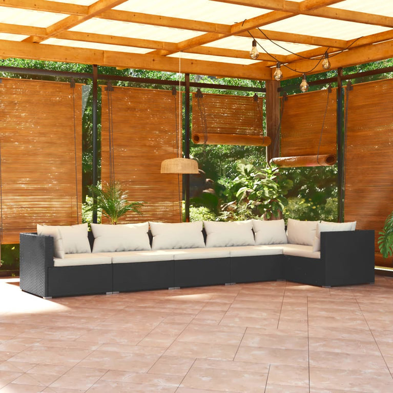 6-delige Loungeset met kussens poly rattan zwart