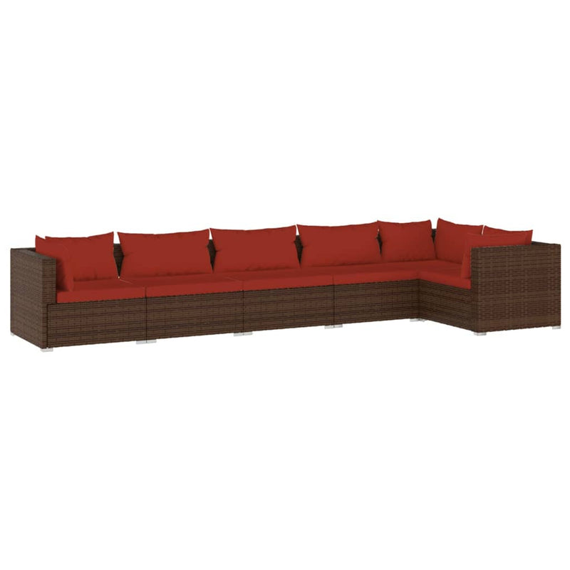 6-delige Loungeset met kussens poly rattan bruin
