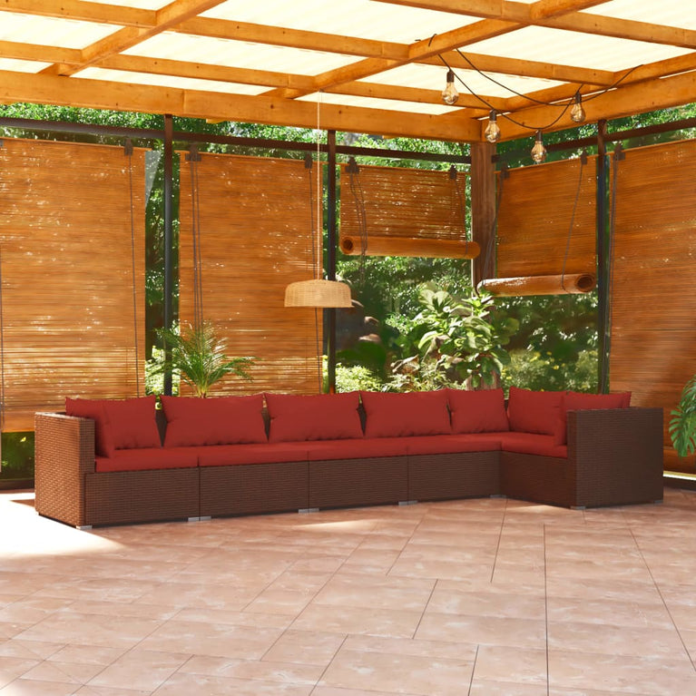 6-delige Loungeset met kussens poly rattan bruin