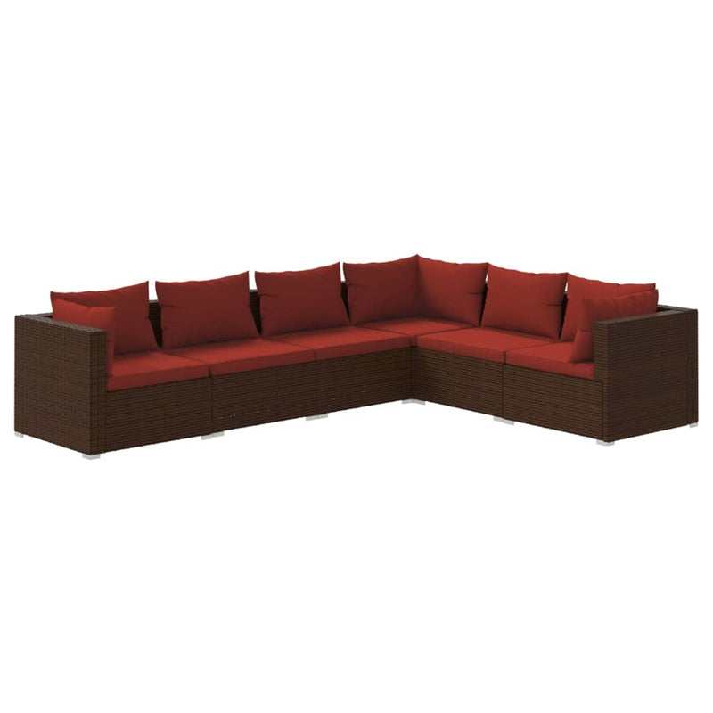 6-delige Loungeset met kussens poly rattan bruin