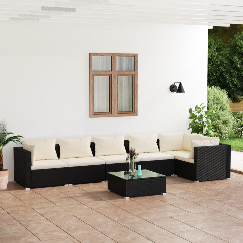7-delige Loungeset met kussens poly rattan zwart