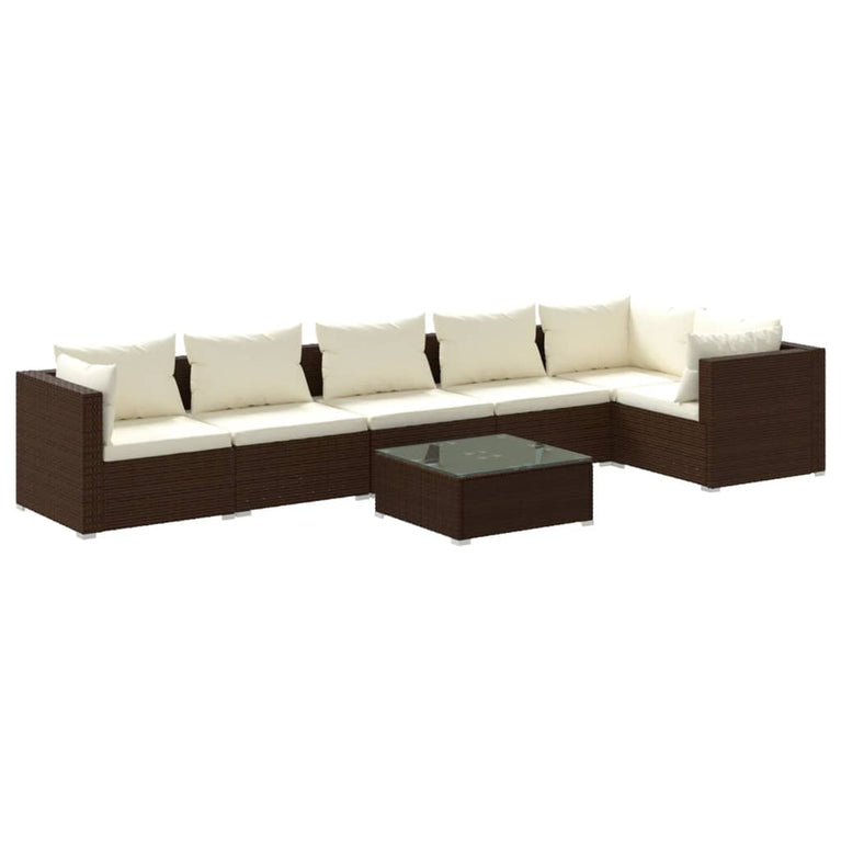 7-delige Loungeset met kussens poly rattan bruin