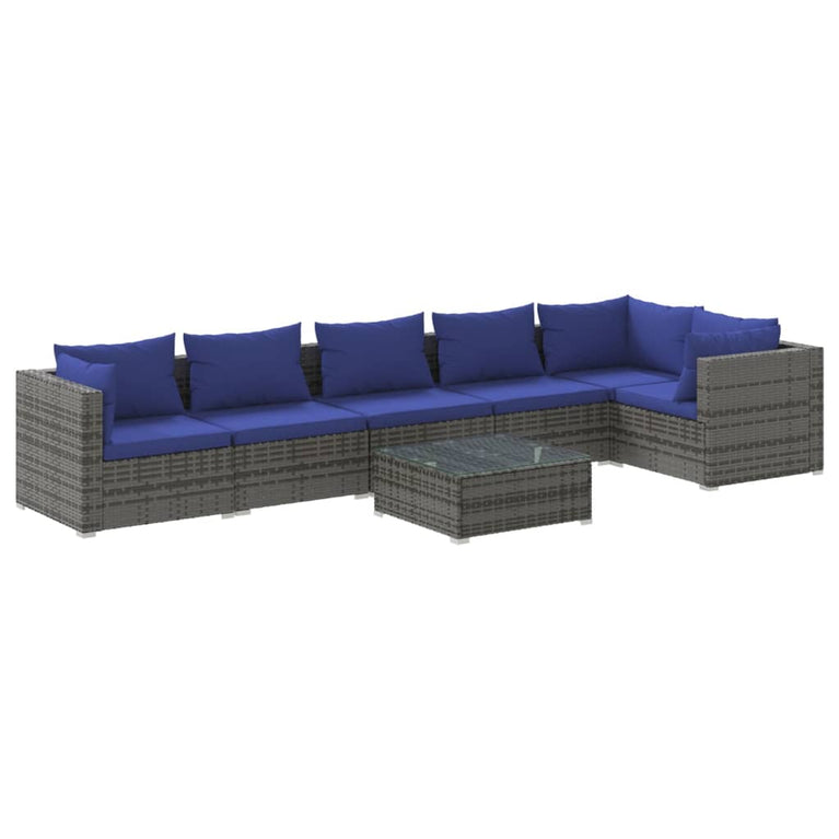7-delige Loungeset met kussens poly rattan grijs