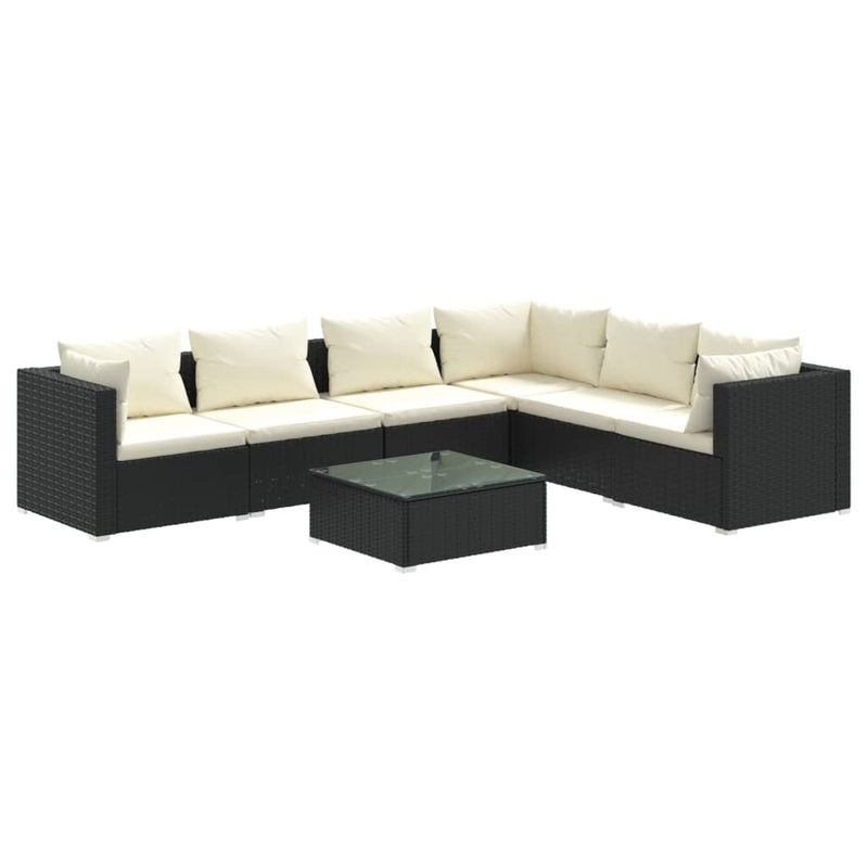 7-delige Loungeset met kussens poly rattan zwart